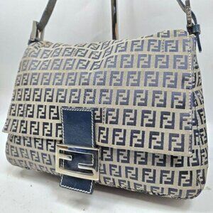Authentic FENDI Mamma Zucca Bucket Baguette Navy Tan Flap Bag Purse Tote FF